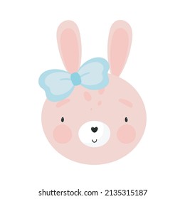 Cute Rabbit with bow. Cartoon style. Vector illustration. For kids stuff, card, posters, banners, children books, printing on the pack, printing on clothes, fabric, wallpaper, textile or dishes.