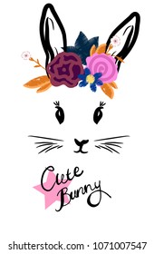 cute rabbit with bow face with wreath on head. postcard illustration or t-shirt print