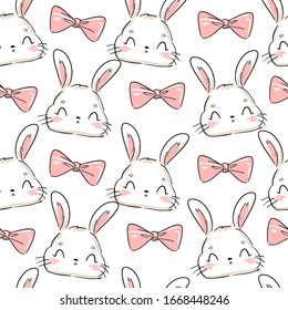 Cute Rabbit with bow pattern seamless. Hand drawn bunny. Print design for textiles. Vector. 