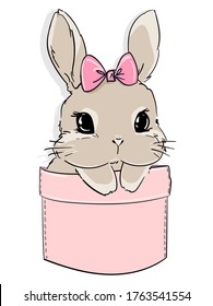 Conejo y arco en un bolsillo. Impresión para textiles para niños, diseño de afiches, guardería. Ilustración vectorial stock.banner.