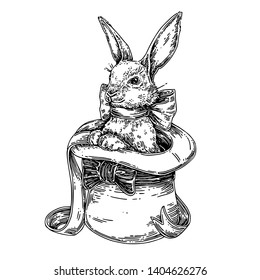 Cute rabbit with bow sitting in a magic hat. Sketch. Engraving style. Vector illustration.