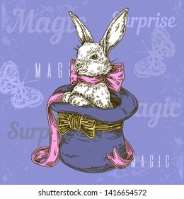 Cute rabbit with bow sitting in a magic hat. Vintage color card. Engraving style. Vector illustration.