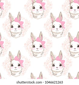 Cute Rabbit with bow sketch vector illustration pattern seamless, hand drawn bunny Background