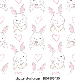 Cute Rabbit with bow sketch vector illustration pattern seamless, hand drawn bunny Background