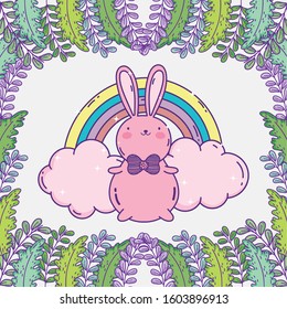 cute rabbit with bow tie and rainbow clouds foliage leaves vector illustration