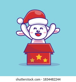 Cute Rabbit in the Box Christmas Vector. Christmas Cartoon Vector Illustration Design. Flat Icon Concept. Flat Cartoon Style Suitable for Web Landing Page, Banner, Sticker, Background