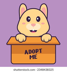 Cute rabbit in box with a poster Adopt me. Animal cartoon concept isolated. Can used for t-shirt, greeting card, invitation card or mascot.