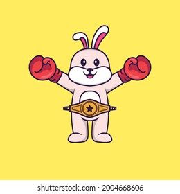 Cute rabbit in boxer costume with champion belt. Animal cartoon concept isolated. Can used for t-shirt, greeting card, invitation card or mascot.