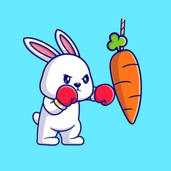 Cute Rabbit Boxing Carrot Cartoon Vector Icon Illustration. Animal Sport Icon Concept Isolated Premium Vector. Flat Cartoon Style