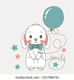 Cute rabbit boy with balloon, bow tie. Smile slogan. Cartoon vector illustration