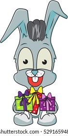 Cute rabbit boy with many gift boxes outline/ Editable Eps 10.