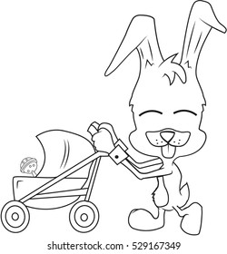 Cute rabbit boy with a stroller outline/ Editable Eps 10.