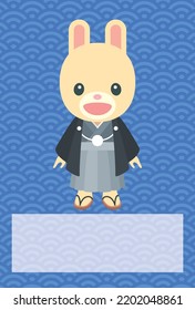 Cute rabbit boy wearing a kimono and blue Qinghai wave pattern background (No characters) [New year's card template (year of the rabbit)]