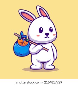 Cute Rabbit Bring Carrot With Bag Cartoon Vector Icon Illustration. Animal Nature Icon Concept Isolated Premium Vector. Flat Cartoon Style