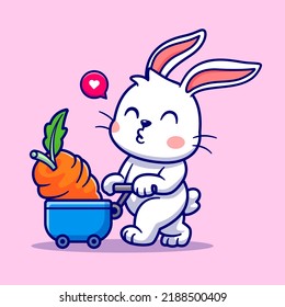 Cute Rabbit Bring Carrot With Trolley Cartoon Vector Icon Illustration. Animal Nature Icon Concept Isolated Premium Vector. Flat Cartoon Style