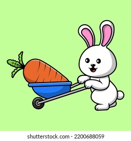Cute Rabbit Bring Carrot With Trolley  Vector Icon Illustration. Flat Cartoon Concept
