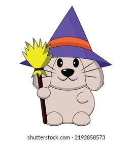 Cute Rabbit with broom and witch hat. Draw illustration in color