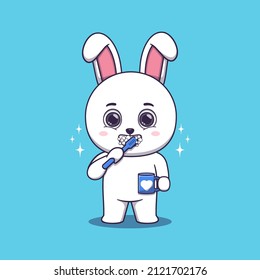 Cute Rabbit brushing teeth while holding mug
