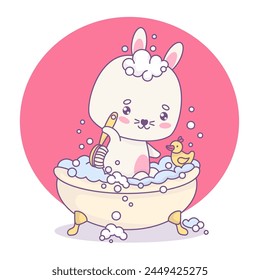 Cute rabbit in bubble bath washes his back with brush. Whimsical relaxed in bathroom cartoon animal character. Vector illustration. Clean comfort and self-care