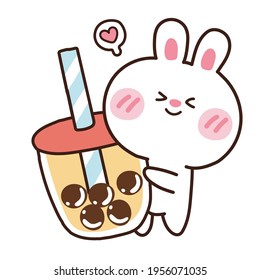 Cute rabbit with bubble milk tea on white background.Animal character design.Kid graphic.Image.Art.Sticker.Isolated.Kawaii.Vector.Illustration.