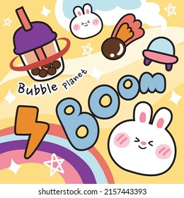 Cute rabbit and bubble tea yellow background Galaxy space concept Animal cartoon Image for sticker wallpaper poster card baby product Vector Illustration 