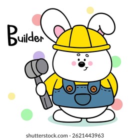 Cute Rabbit Builder Cartoon Vector Icon Illustration. Kawaii Bunny Animal job. Flat Character Style. Happy Occupation Kid.