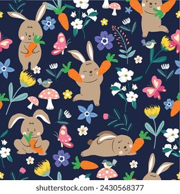 Cute rabbit bunny be happy with carrot in the garden seamless pattern