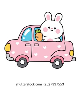 Conejo lindo conejo con zanahoria estancia en el coche del corazón .Traffic.Vehicle.Rodent animal personaje de dibujos animados dibujado a mano design.Kawaii.Vector.Illustration.