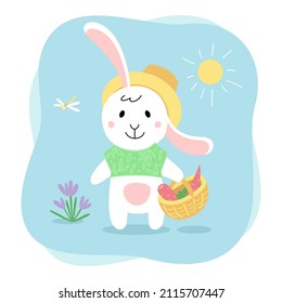 Cute rabbit. Bunny with carrots, sunshine, flowers. Cartoon flat illustration isolated on white background