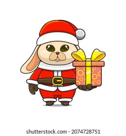 cute rabbit or bunny cartoon, giving christmas gifts and wearing santa claus costume, cute animal character wearing christmas costume, front view. kawaii and simple style, perfect for christmas conten