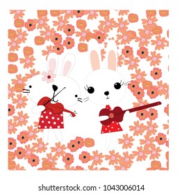 Cute rabbit bunny cartoon play music in spring summer colorful blossom flower garden seamless pattern,Illustration vector by freehand doodle comic art