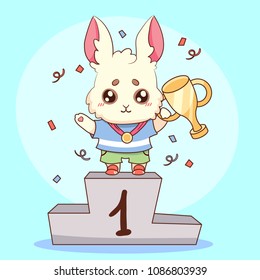 Cute Rabbit Bunny Champion With Medal And Goblet First Place Cute Animal Cartoon Vector Illustration.  T-shirt Print, Kid Wear Fashion Design, Baby Shower Celebration Greeting And Invitation Card. 