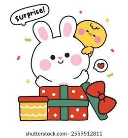 Cute rabbit bunny and chicken stay in bow gift box.Heart.Surprise.Presents.Birthday.Celebrated.Party.Rodent and bird animal character cartoon.Kawaii.Vector.Illustration.