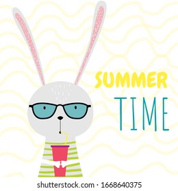 Cute Kaninchen (sonnige) kindliche Vektorillustration Illustration im skandinavischen Stil mit Cocktail und Schreiben Sommerzeit. Handgezeichnet süßer Druck für Poster, Karten, T-Shirts. nordisches Design