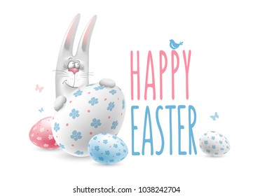 Cute rabbit Bunny and colored eggs on lacy background. Easter greeting card design. Vector illustration.