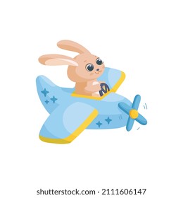 Cute rabbit or bunny controls helicopter, flat vector illustration isolated on white background. Cheerful cartoon character for childish design. Concept of travel and adventure.