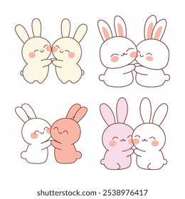 Cute Rabbit Bunny Couple Cartoon Character Hugging While Smiling