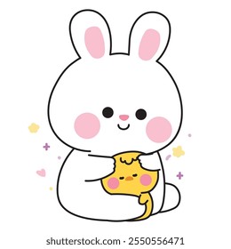 Lindo conejo conejo muñeca abrazo pequeño pollo con el corazón y la estrella. Roedor y animal de granja carácter de dibujos animados design.Imagen para la etiqueta engomada, ropa de bebé, estacionario.Kawaii.Vector.Illustration.