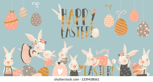 Cute rabbit and bunny with Easter eggs