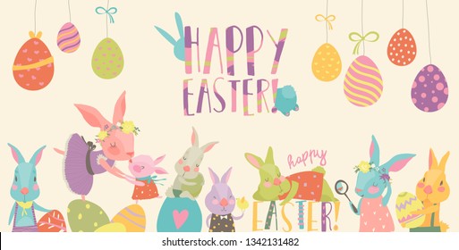 Cute rabbit and bunny with Easter eggs