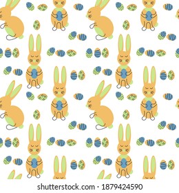 Cute rabbit, bunny and Easter eggs seamless pattern. Easter background. Vector illustration For fabric, Wallpaper, fill patterns, surface textures