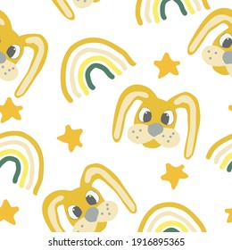 süßes Kaninchen, Kaninchen, Hasen, Ostern, Sterne und Regenbogen nahtloses Muster in der Trendfarbe 2021. Vektorhandgezeichnet. Tapete für Kinder, Textilien, Dekoration. grau, gold, gelb