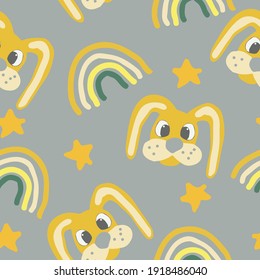 cute rabbit, bunny, Easter, stars and rainbow seamless pattern in trending color 2021. vector hand drawn. childrens wallpaper, textiles, decor. gray, gold, yellow