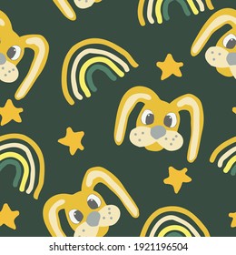 lindo conejo, conejo, Pascua, estrellas y rainbow patrón sin fisuras en el color de tendencia 2021. dibujado a mano vectorial. papel pintado para niños, textiles, decoración. gris, dorado, amarillo