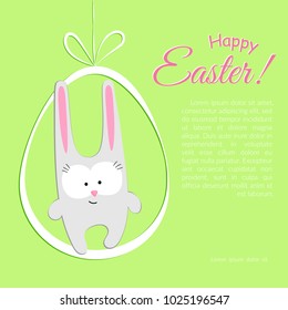 Cute rabbit bunny with egg on a green background Happy Easter text A creative drawing of a doodle character of a hare with an egg a symbol of the Easter holiday Bright template poster banner Vector