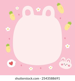 Cute rabbit bunny face in paper note.Stationary template.Easter.Carrot,heart,flower hand drawn.Rodent animal character cartoon design.Image for card,sticker,paper sheet.Kawaii.Vector.Illustration.