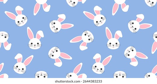 cute rabbit bunny   faces on blue  background seamless pattern print design vector illustration