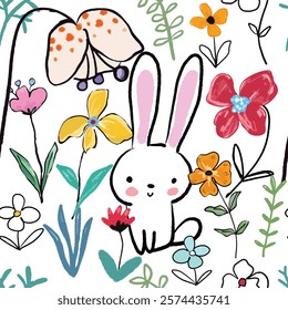 Cute rabbit bunny in flower garden cartoon seamless pattern