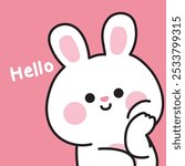 Cute rabbit bunny foot chin with hello text.Greeting.Easter.Rodent animal character cartoon design.Image for card,cover book,stationery,print screen,baby product.Kawaii.Vector.Illustration.