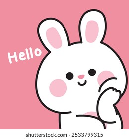 Nettes Kaninchen Hase Fuß Kinn mit Hallo Text.Gruß.Ostern.Räuberische Tierfigur Cartoon-Design.Bild für Karte, Umschlagbuch, stationär, Druck-Bildschirm, Baby-Produkt.Kawaii.Vector.Illustration.